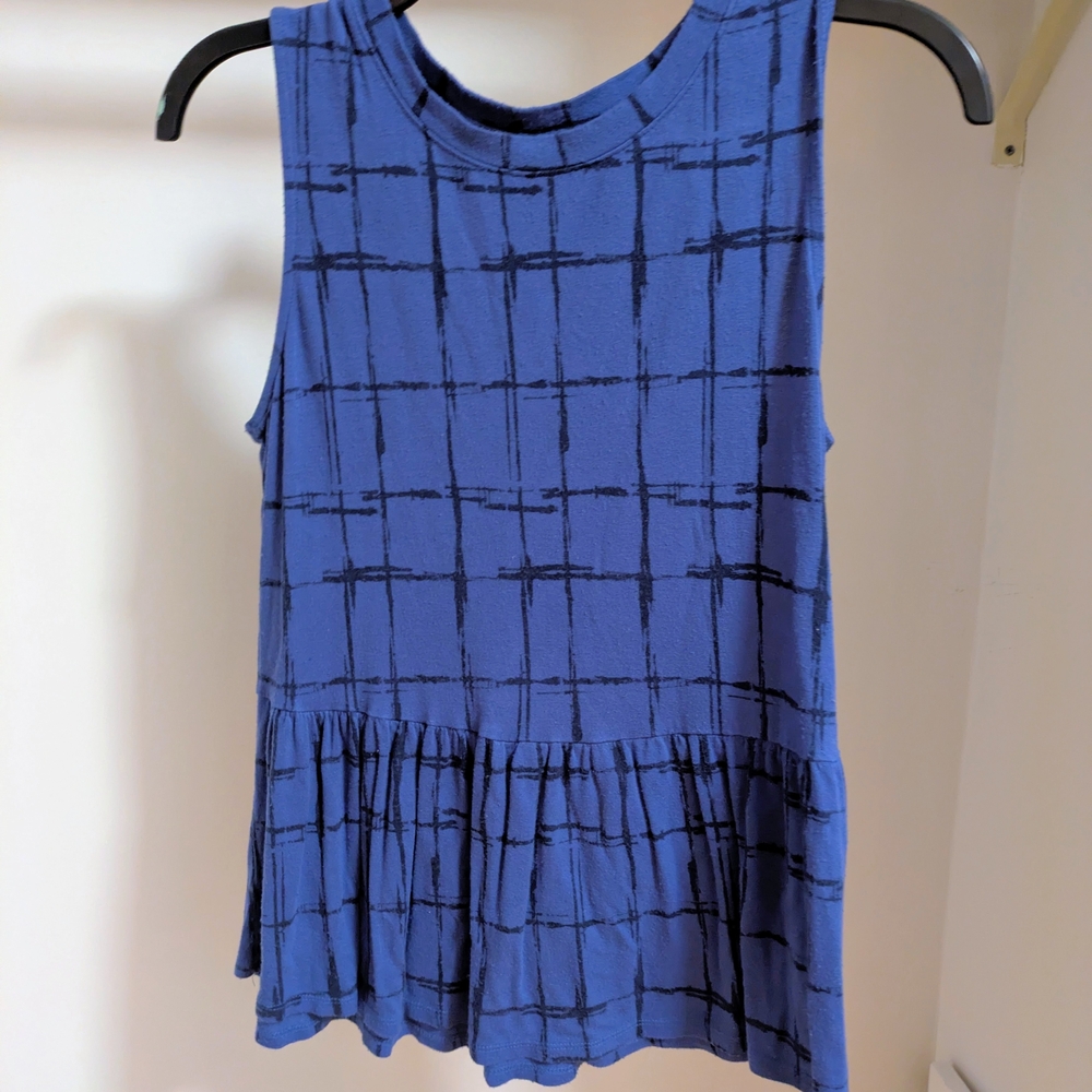 Nine West Blue Checkered Sleeveless Peplum Top Size Small